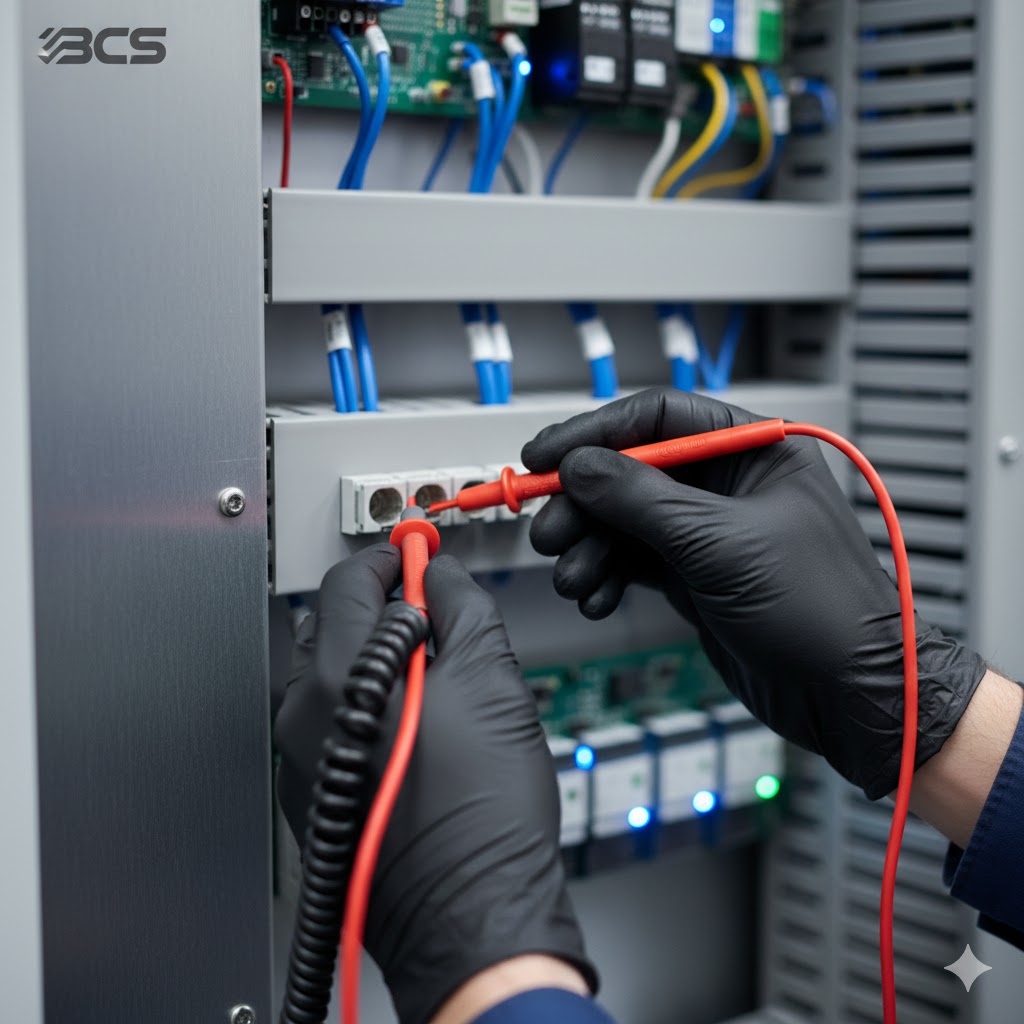 Técnico especialista calibrando un panel de control industrial